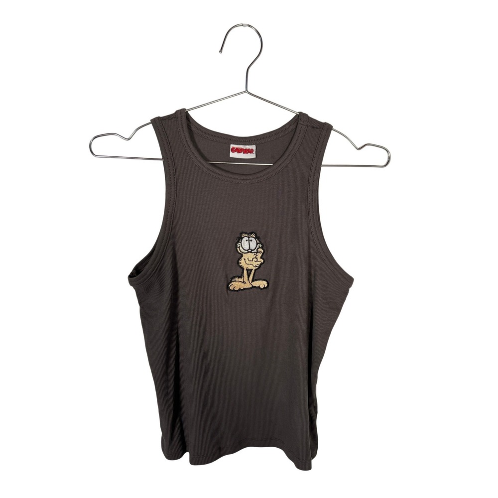 Garfield Nickelodeon Brown Ribbed Tank Top Embroidered Graphic Medium